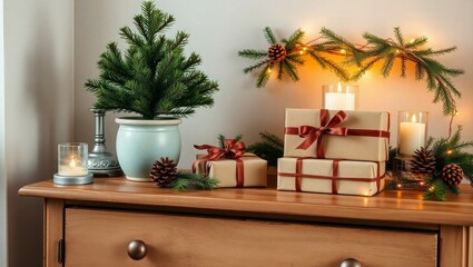 Warm holiday gifts and decorations create inviting glow
