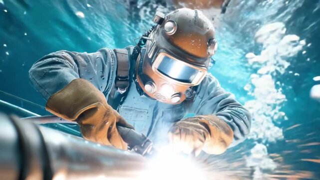 Welder's Artistry: A skilled artisan, clad in protective gear, concentrates intensely on the arc welding process, creating a spark of metal fusion. The dynamic.