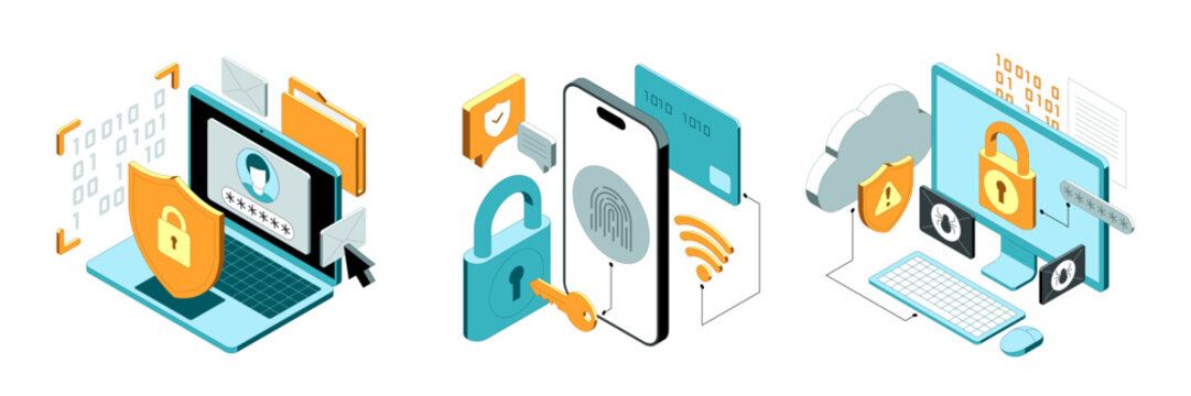 Vector isometric illustration related to cybersecurity, payment safety, cloud technology security. Modern flat illustration for website or mobile app