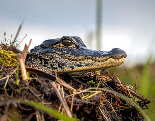 Alligator's head resting on a mound with grass/twigs in a natural outdoor setting