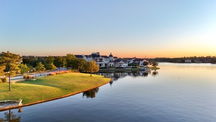 Aerial view of a peaceful  neighborhood with luxurious houses by Woodlands lake , Houston, Texas.