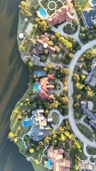 Aerial view of luxurious houses with swimming pool by Woodlands  lake, Houston,Texas
