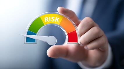 Risk level gauge from low to high, performance evaluation, analysis, strategic planning, and decision-making process for business continuity