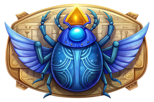 Blue sacred scarab carved in stone vector illustration surrounded by ancient Egyptian hieroglyphs
