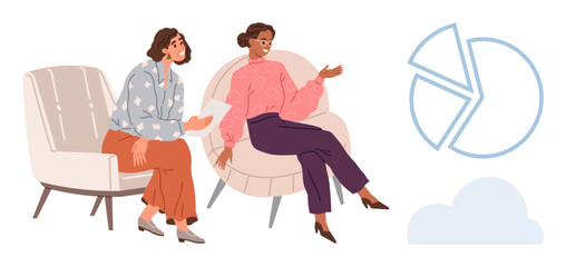 Two seated women exchanging ideas. Abstract pie chart and cloud in background. Ideal for collaboration, teamwork, strategy, brainstorming, business analysis, growth, creative thinking simple flat