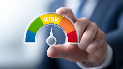Risk level gauge from low to high, performance evaluation, analysis, strategic planning, and decision-making process for business continuity