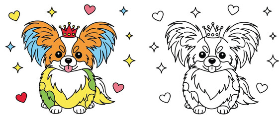 Adorable Kawaii Papillon Puppy Princess with Crown Coloring Page - Cute Cartoon Dog Outline for Kids' Creative Fun