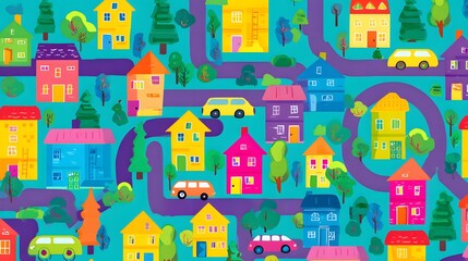 Fototapeta premium Playful cartoon city wallpaper bright houses trees cars kids room decor cheerful urban scene