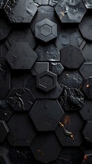An abstract dark gray honeycomb wall with hints of orange light peeking through cracks