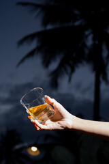 A hand holding a glass of golden drink against dark sky and palm tree silhouette, representing relaxation and evening tropical atmosphere.