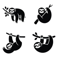Sloth Silhouette Icons Hanging on Branches Set, vector, illustration.  © naeem