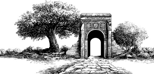 Fototapeta premium Intricate arabesque horseshoe arch gateway with elegant floral design