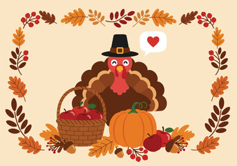 Cute Turkey with Pilgrim Hat Autumn Harvest Frame