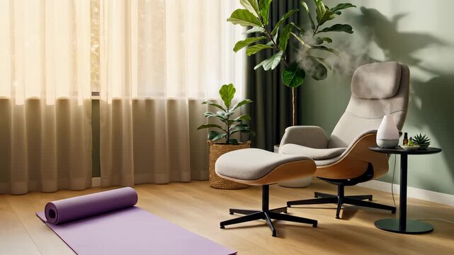 Preparing Yoga Space With Mat, Chair, Plants, and Aromatherapy Diffuser for Relaxation