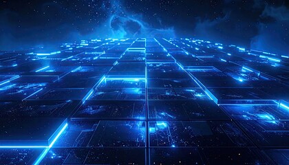 Futuristic digital network grid with glowing blue neon lines abstract technology background.