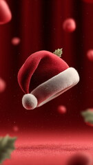 a christmas hat flying on red background