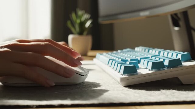 Close Up of Mouse and Blue Keycaps Keyboard on Desk With Plant