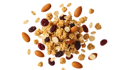 Healthy breakfast granola mix ingredients including almonds and dried fruit isolated on white background