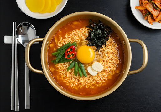 [Generative AI] 양은냄비 계란 라면과 김치 상차림