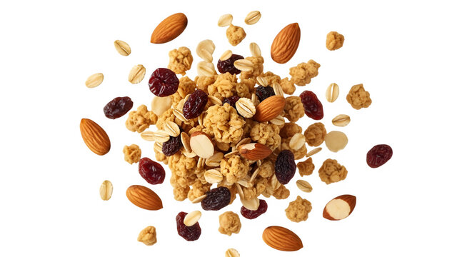 Healthy breakfast granola mix ingredients including almonds and dried fruit isolated on white background