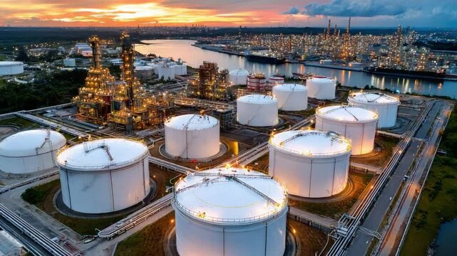 Oil Refinery Panorama at Dusk: An expansive oil refinery complex stands illuminated against the twilight sky, with rows of storage tanks.
