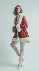Elegant Woman in Red Velvet Coat with White Fur Trim and Cream Trousers Posing Dramatically in Studio