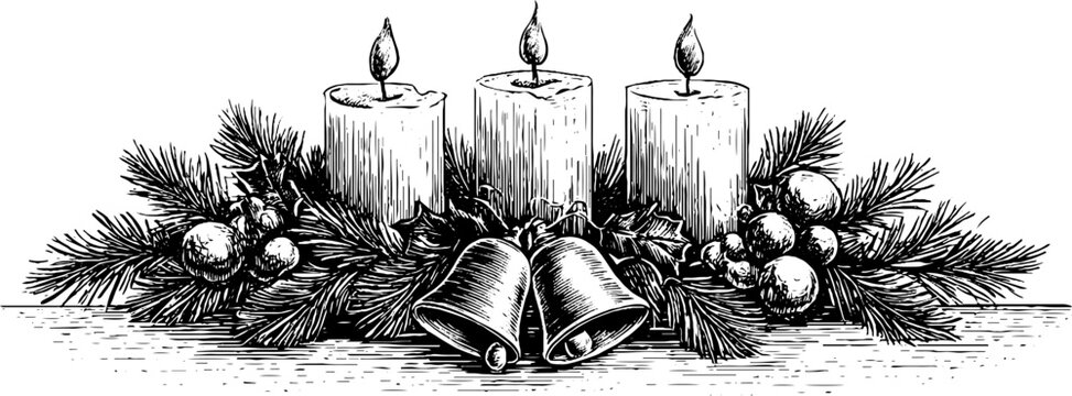 Vintage christmas garland with candles, bells, and pine needles for festive decoration