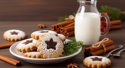 A plate of star-shaped Linzer cookies dusted with powdered sugar next to a jug of milk and cinnamon sticks.