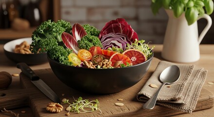 Fresh and vibrant salad bowl with kale, radicchio, citrus, and sprouts on a wooden board, showcasing healthy eating and natural ingredients