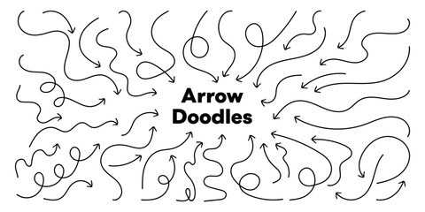 Black Pen Arrow Doodles &ndash; Playful Hand-Drawn Brush Arrows: Curved, Wavy & Straight. Ideal for Notes, School Projects & Visual Flow &ndash; Vector Art