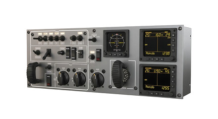 Fototapeta premium Professional Aircraft Flight Simulator Instrument Panel with Digital Displays and Control Knobs