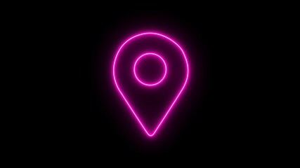 Abstract glowing neon location search place address track map sign symbol on black background, search place address track map sign symbol on black background. 4k videos