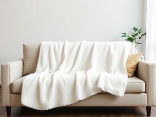 Elegant white blanket draped on sofa, cozy home decor