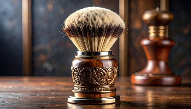 Close Up Shaving Brush on Wooden Table With Decorative Base and Wooden Pomander Against Blurred Background