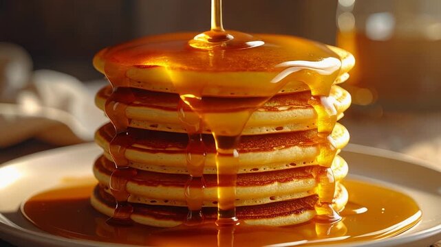 Thick syrup poured in slow motion over a dessert or pancake stack. Sweet food, appetizing, and breakfast or baking concept.