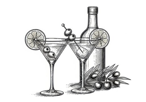 Hand drawn sketch of two martini glasses with olives and lemon slices isolated on white background
