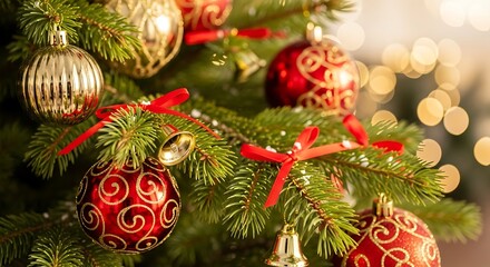 Close-up of a beautifully decorated Christmas tree with red and gold ornaments and twinkling lights in the background.