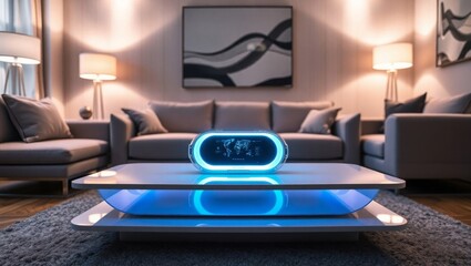 Modern living room with glowing smart table display
