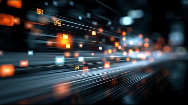 Dynamic Digital Landscape Glowing Orange and White Data Streams in Motion Creating Futuristic and Energetic Atmosphere with Vibrant Colors and Abstract Design for Speed and Technology