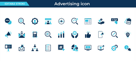 marketing and advertising icons, online campaign, analytics and seo optimization vector set