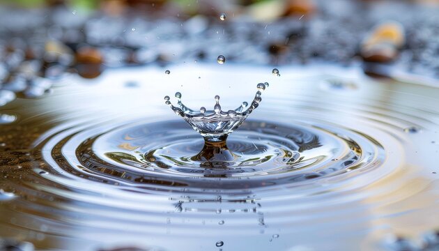 Macro high-speed photography capturing the serene moment a single water droplet forms a perfect crown splash with ripples on a calm puddle