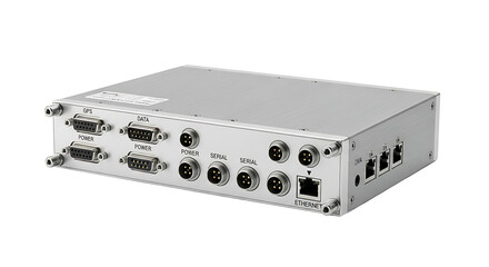 Industrial Electronic Device with Multiple Connectors and Ports in Silver Metal Enclosure