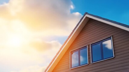 House roof and windows against a bright blue sky with sun light and clouds architectural detail - Powered by Adobe
