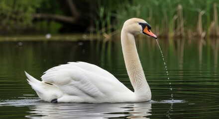 Naklejka premium Elegant mute swan swimming gracefully in serene lake water ripples