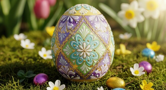 Ornate decorated easter egg surrounded by flowers in a spring setting