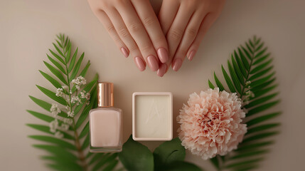 Elegant Hands: A serene arrangement of delicately manicured hands resting over a minimalist display, showcasing a pink nail polish bottle, flower, and other cosmetic elements in a natural aesthetic.