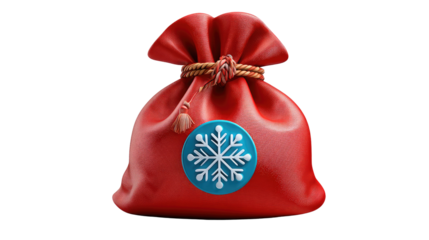 Festive Bag of Surprise: A vibrant red bag, adorned with a snowflake emblem, awaits, brimming with gifts. A symbol of holiday cheer and festive anticipation.
