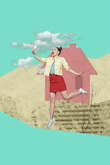 Vertical image art collage of happy girl guy stand home relocation concept doodle summer travel new owner settlement tourism