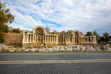 Fototapeta premium Side Roman Theatre at the ancient city of Side in Antalya region on the Mediterranean coast of Turkey.