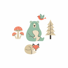 Cute Forest Animals and Nature Elements Illustration Set